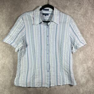 Faconnable Shirt Womens Large Blue Striped Seersucker Button Up Short‎ Sleeves